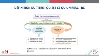 DÉFINITION DU TITRE : QU’EST CE QU’UN REAC - RC
Suite au REAC : création des parcours de formations et des
planning
 