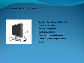 Parte Externa de un Monitor LCD:




                         1) Pantalla plana de cristal líquido
                         2) Panel de Controles
                         3) Botón de encendido
                         4) Cubiertas plásticas
                         5) Conector para alimentación
                         6) Conector y cable de para datos
                         7) Soporte
 