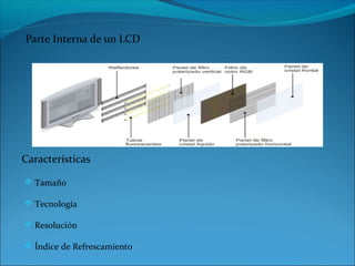 Parte Interna de un LCD




Características

 Tamaño

 Tecnología

 Resolución

 Índice de Refrescamiento
 