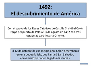 El descubrimiento de América
Con el apoyo de los Reyes Católicos de Castilla Cristóbal Colón
zarpa del puerto de Palos el 3 de agosto de 1492 con tres
carabelas para llegar a Oriente.
El 12 de octubre de ese mismo año, Colón desembarca
en una pequeña isla, que llamará San Salvador,
convencido de haber llegado a las Indias.
 