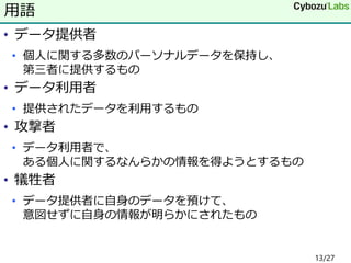 • データ提供者
• 個人に関する多数のパーソナルデータを保持し、
第三者に提供するもの
• データ利用者
• 提供されたデータを利用するもの
• 攻撃者
• データ利用者で、
ある個人に関するなんらかの情報を得ようとするもの
• 犠牲者
• データ提供者に自身のデータを預けて、
意図せずに自身の情報が明らかにされたもの
用語
13/27
 