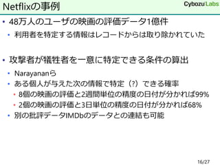 • 48万人のユーザの映画の評価データ1億件
• 利用者を特定する情報はレコードからは取り除かれていた
• 攻撃者が犠牲者を一意に特定できる条件の算出
• Narayananら
• ある個人が与えた次の情報で特定（?）できる確率
• 8個の映画の評価と2週間単位の精度の日付が分かれば99%
• 2個の映画の評価と3日単位の精度の日付が分かれば68%
• 別の批評データIMDbのデータとの連結も可能
Netflixの事例
16/27
 