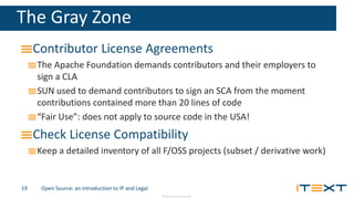 © 2016, iText Group NV
The Gray Zone
Contributor License Agreements
The Apache Foundation demands contributors and their e...