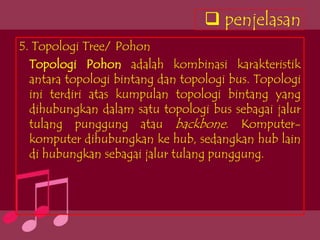  penjelasan
5. Topologi Tree/ Pohon
  Topologi Pohon adalah kombinasi karakteristik
  antara topologi bintang dan topologi bus. Topologi
  ini terdiri atas kumpulan topologi bintang yang
  dihubungkan dalam satu topologi bus sebagai jalur
  tulang punggung atau backbone. Komputer-
  komputer dihubungkan ke hub, sedangkan hub lain
  di hubungkan sebagai jalur tulang punggung.
 