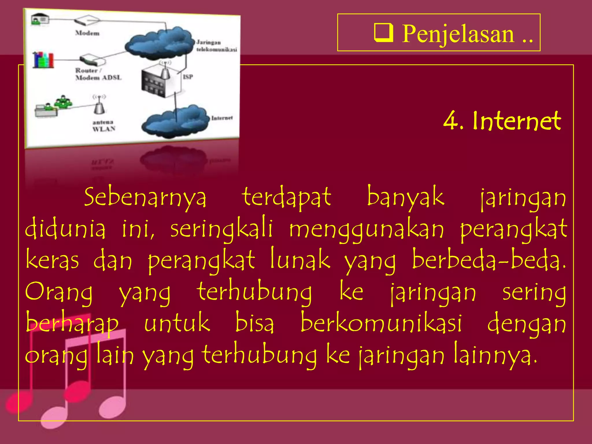  Penjelasan ..


                                   4. Internet

     Sebenarnya terdapat banyak jaringan
didunia ini, seringkali menggunakan perangkat
keras dan perangkat lunak yang berbeda-beda.
Orang yang terhubung ke jaringan sering
berharap untuk bisa berkomunikasi dengan
orang lain yang terhubung ke jaringan lainnya.
 