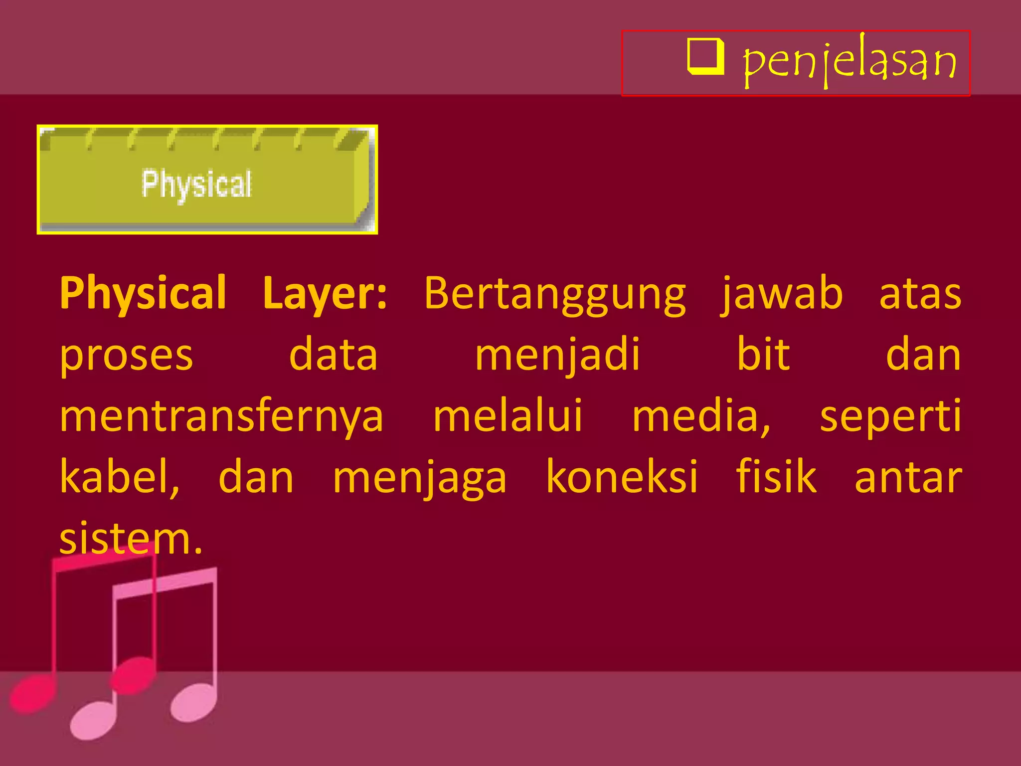  penjelasan



Physical Layer: Bertanggung jawab atas
proses    data    menjadi    bit  dan
mentransfernya melalui media, seperti
kabel, dan menjaga koneksi fisik antar
sistem.
 
