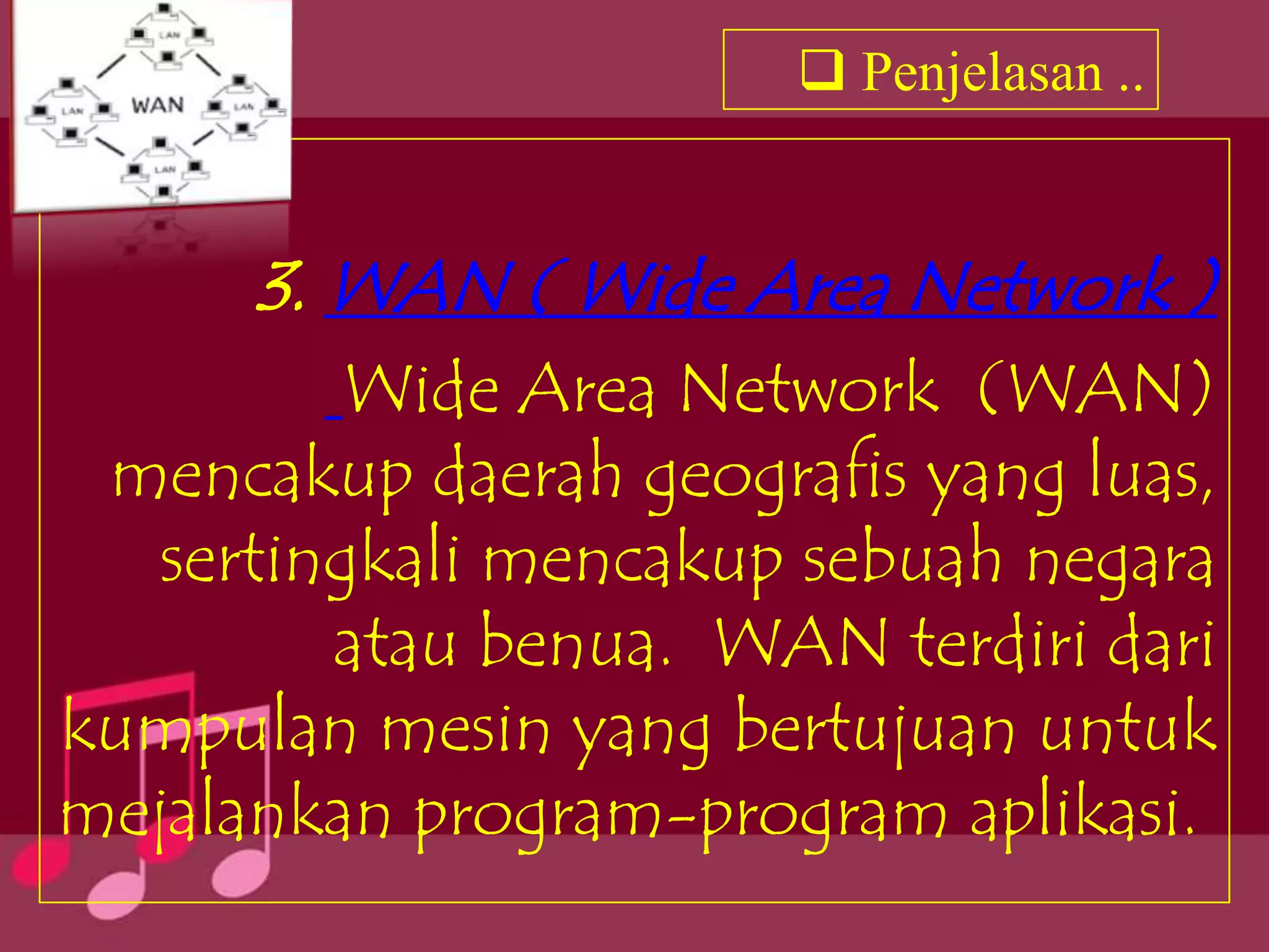  Penjelasan ..


      3. WAN ( Wide Area Network )
          Wide Area Network (WAN)
 mencakup daerah geografis yang luas,
   sertingkali mencakup sebuah negara
         atau benua. WAN terdiri dari
kumpulan mesin yang bertujuan untuk
mejalankan program-program aplikasi.
 