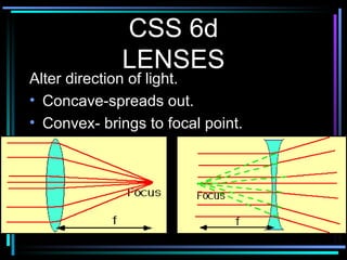CSS 6d LENSES Alter direction of light. Concave-spreads out. Convex- brings to focal point. 