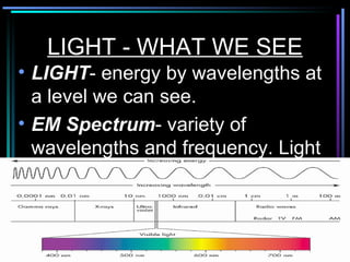 LIGHT - WHAT WE SEE LIGHT - energy by wavelengths at a level we can see. EM Spectrum - variety of wavelengths and frequency. Light is small band within. 