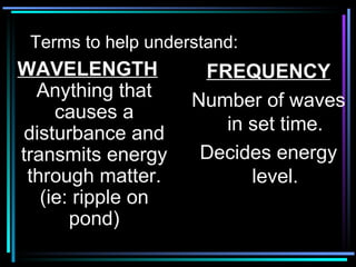 Terms to help understand: WAVELENGTH Anything that causes a disturbance and transmits energy through matter. (ie: ripple on pond) FREQUENCY Number of waves in set time. Decides energy level. 