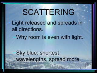 SCATTERING Light released and spreads in all directions.  Why room is even with light. Sky blue: shortest wavelengths, spread more. 