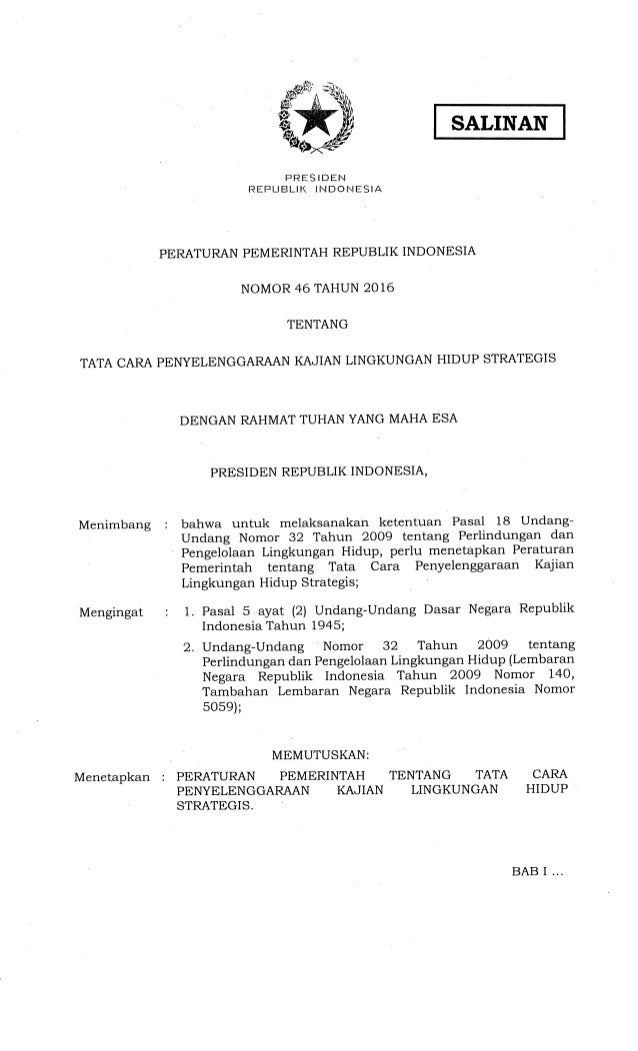 Pp No 46 2016 Tata Cara Penyelenggaraan Kajian Lingkungan Hidup Str