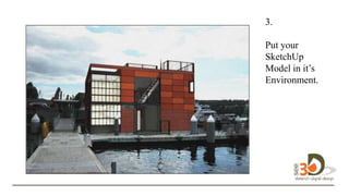 3.
D
Put your
SketchUp
Model in it’s
Environment.
design in 3D.
 