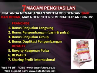     MACAM PENGHASILAN7JIKA  ANDA MENJALANKAN SISTEM DBS DENGAN BAIK DAN BENAR, MAKA BERPOTENSI MENDAPATKAN BONUS:-   FRANCHISE 1. Bonus PenjualanLangsung	2. Bonus Pengembangan(cash & pulsa)	3. Bonus Penjualan Group	4. Bonus DuplikasiPengembangan	-   ROYALTY 5. Royalty KeagenanPulsa6. REWARD7. Sharing Profit InternasionalWeb PT DFI  / DBS  www.duta4future.co.idWeb Support kami www.duta4future.net
