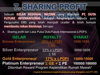 7. SHARING PROFIT INTERNATIONALSebuahGELAR RESIDUAL INCOME yang diberikanPT. DUTA FUTURE INTERNATIONALsebagaiPenghargaankepadaparaPengusaha DBS yang telahmenjadi Leader & telahbanyakmembanturekanbisnisnya, berupa:Sharing profit dariLabaPulsa Duta Future Internasional (LPDFI).GELAR		 ROYALTY		 SYARATBronze Enterpreneur50% x LPDFI            1000:1000 BESilver Enterpreneur33% x LPDFI             5000:5000                       SEGold Enterpreneur15000:15000 Platinum Enterpreneur100000:100000 Ditambah Reward Program KepemilikanRumahMewah*(*syarat& ketentuanmegikutiperaturan yang ditetapkanoleh PT .DFI)17% x LPDFI GE + PE