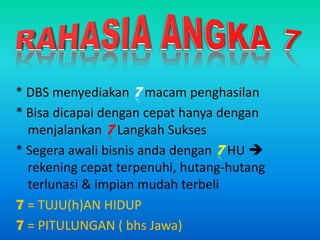 RAHASIA ANGKA 7* DBS menyediakan7macampenghasilan* Bisadicapaidengancepathanyadenganmenjalankan7LangkahSukses* Segeraawalibisnisandadengan7 HU  rekeningcepatterpenuhi, hutang-hutangterlunasi & impianmudahterbeli7 = TUJU(h)AN HIDUP7 = PITULUNGAN ( bhsJawa)
