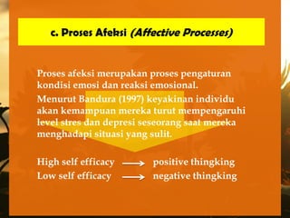 c. Proses Afeksi (Affective Processes)


Proses afeksi merupakan proses pengaturan
kondisi emosi dan reaksi emosional.
Menurut Bandura (1997) keyakinan individu
akan kemampuan mereka turut mempengaruhi
level stres dan depresi seseorang saat mereka
menghadapi situasi yang sulit.

High self efficacy       positive thingking
Low self efficacy        negative thingking
 