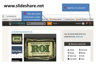 www.slideshare.net
2- Clic aquí para
comenzar a subir
una presentación
1- Ingresa tu usuario
 