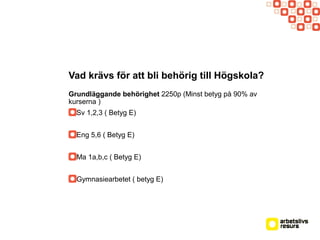 Vad krävs för att bli behörig till Högskola?
Grundläggande behörighet 2250p (Minst betyg på 90% av
kurserna )
Sv 1,2,3 ( Betyg E)
Eng 5,6 ( Betyg E)
Ma 1a,b,c ( Betyg E)
Gymnasiearbetet ( betyg E)
 