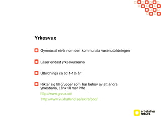 Yrkesvux
Gymnasial nivå inom den kommunala vuxenutbildningen
Läser endast yrkeskurserna
Utbildnings ca tid 1-1½ år
Riktar sig till grupper som har behov av att ändra
yrkesbana, Länk till mer info
http://www.grvux.se/
http://www.vuxhalland.se/extra/pod/
 