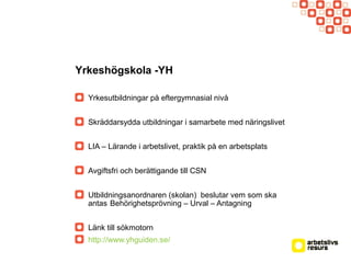 Yrkeshögskola -YH
Yrkesutbildningar på eftergymnasial nivå
Skräddarsydda utbildningar i samarbete med näringslivet
LIA – Lärande i arbetslivet, praktik på en arbetsplats
Avgiftsfri och berättigande till CSN
Utbildningsanordnaren (skolan) beslutar vem som ska
antas Behörighetsprövning – Urval – Antagning
Länk till sökmotorn
http://www.yhguiden.se/
 