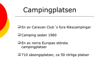 Campingplatsen
 En av Caravan Club´s fyra Rikscampingar
 Camping sedan 1960
 En av norra Europas största
campingplatser
 710 säsongsplatser, ca 50 rörliga platser
 