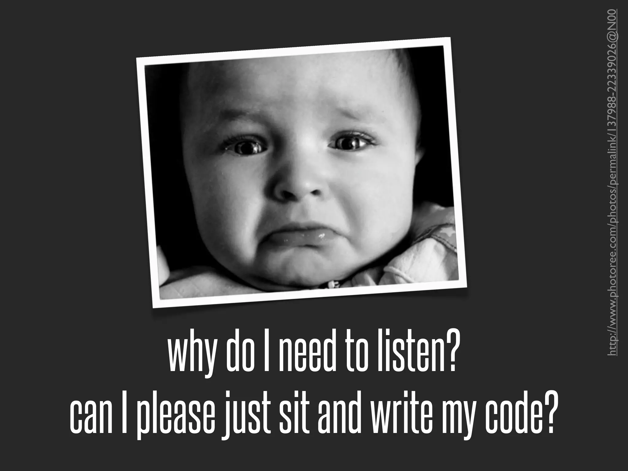 http://www.photoree.com/photos/permalink/137988-22339026@N00
         why do I need to listen?
can I please just sit and write my code?
 