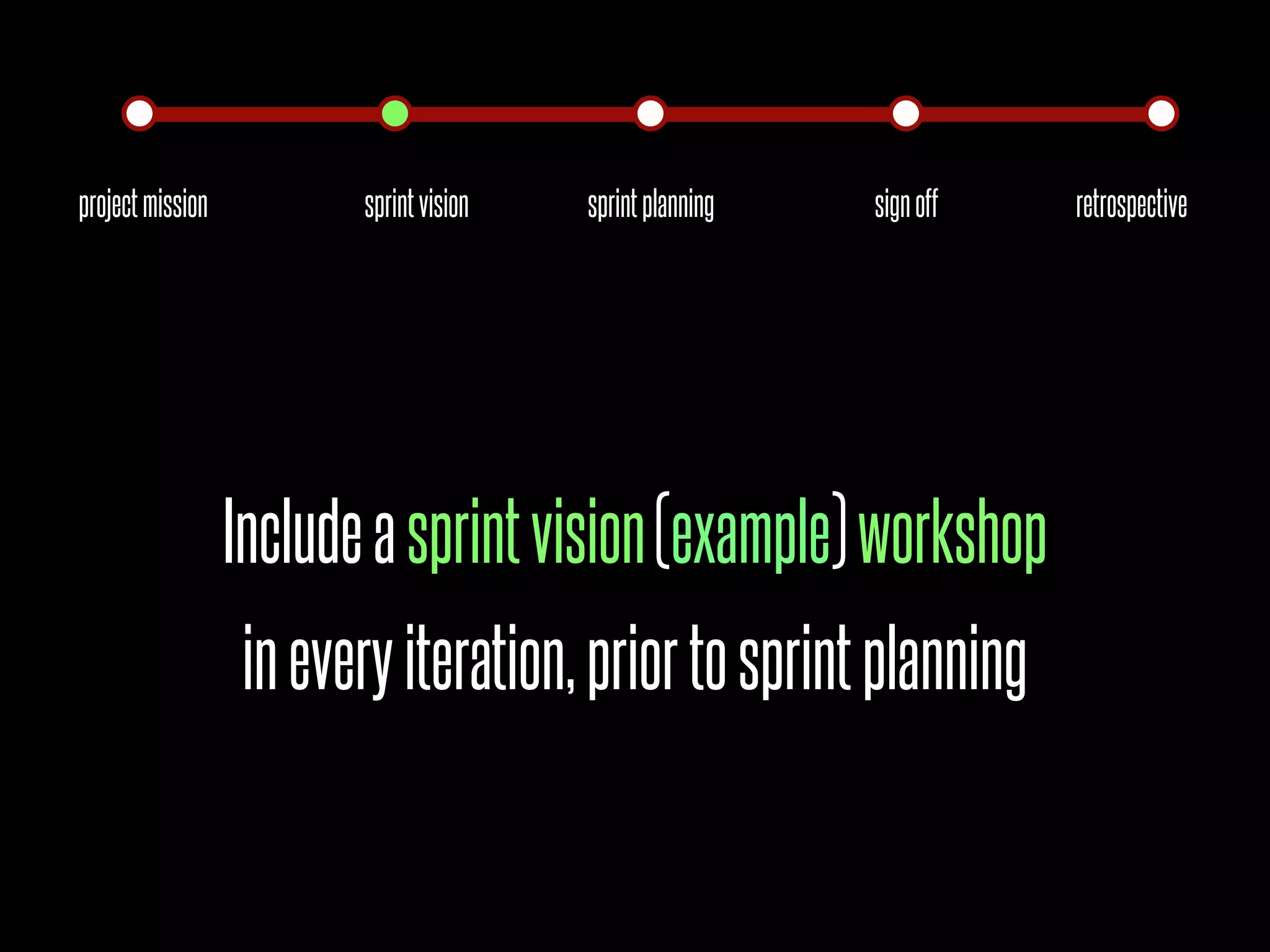project mission          sprint vision   sprint planning   sign off   retrospective




                  Include a sprint vision (example) workshop
                  in every iteration, prior to sprint planning
 
