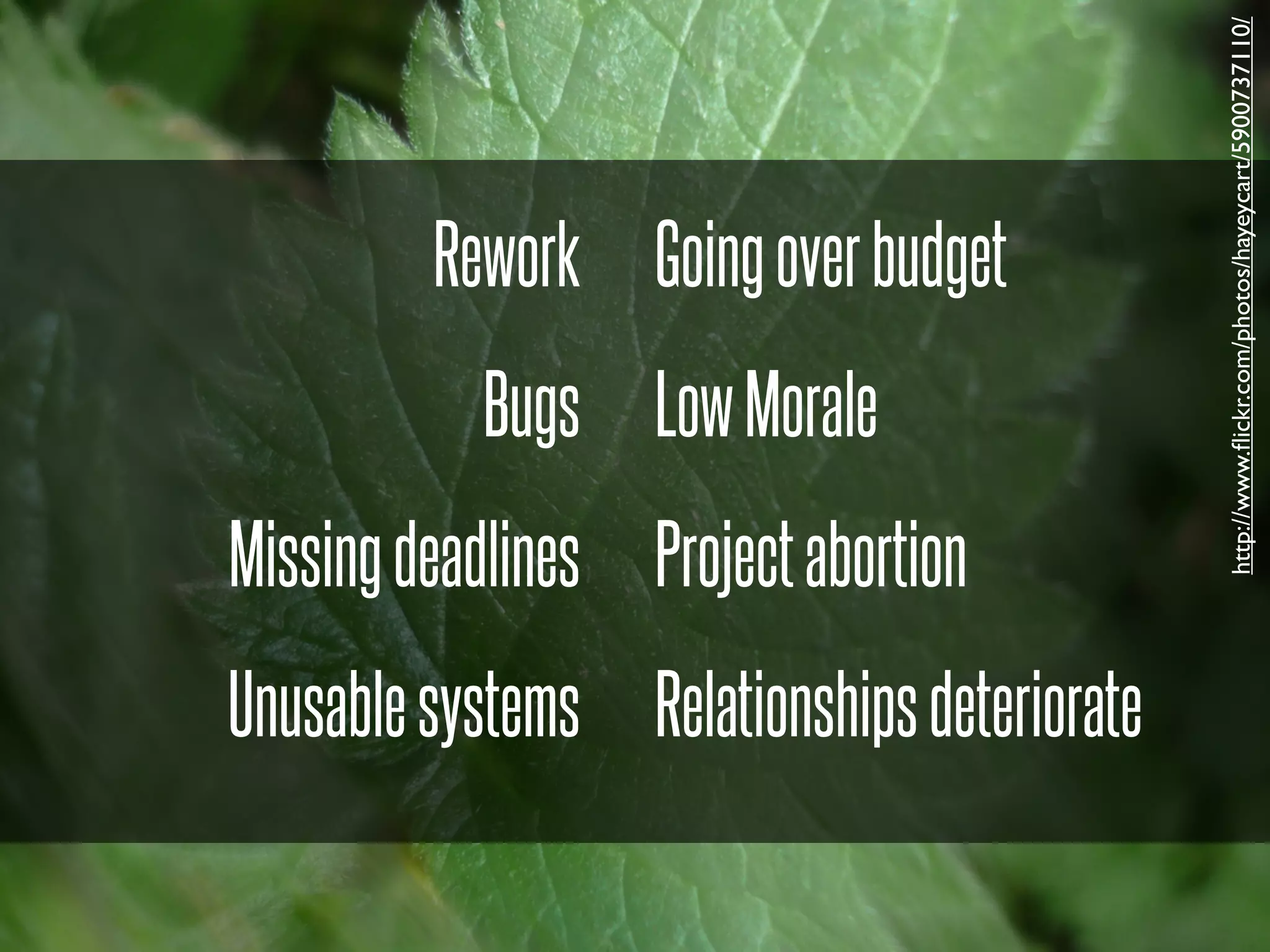http://www.ﬂickr.com/photos/hayeycart/5900737110/
         Rework Going over budget
           Bugs Low Morale
Missing deadlines Project abortion
Unusable systems Relationships deteriorate
 