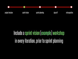 Goal of sprint vision (example) workshop


To define sprint vision and acceptance criteria
 