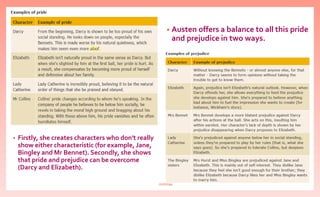 • Firstly, she creates characters who don't really
show either characteristic (for example, Jane,
Bingley and Mr Bennet). Secondly, she shows
that pride and prejudice can be overcome
(Darcy and Elizabeth).
• Austen offers a balance to all this pride
and prejudice in two ways.
nishiraa
 