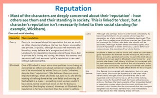 Reputation
• Most of the characters are deeply concerned about their 'reputation' - how
others see them and their standing in society.This is linked to 'class', but a
character's reputation isn't necessarily linked to their social standing (for
example, Wickham).
nishiraa
 