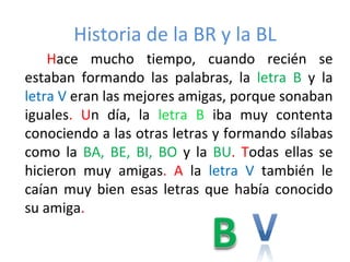 Historia de la BR y la BL
    Hace mucho tiempo, cuando recién se
estaban formando las palabras, la letra B y la
letra V eran las mejores amigas, porque sonaban
iguales. Un día, la letra B iba muy contenta
conociendo a las otras letras y formando sílabas
como la BA, BE, BI, BO y la BU. Todas ellas se
hicieron muy amigas. A la letra V también le
caían muy bien esas letras que había conocido
su amiga.
 