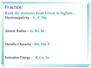 Practice:
Rank the elements from lowest to highest…
Electronegativity - C, F, Mg
Atomic Radius - Ir, Re, Bi
Metallic Character - Rb, Mn, P
Ionization Energy - B, Ga, In
 