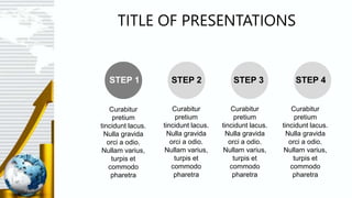 TITLE OF PRESENTATIONS
STEP 1 STEP 2 STEP 3 STEP 4
Curabitur
pretium
tincidunt lacus.
Nulla gravida
orci a odio.
Nullam varius,
turpis et
commodo
pharetra
Curabitur
pretium
tincidunt lacus.
Nulla gravida
orci a odio.
Nullam varius,
turpis et
commodo
pharetra
Curabitur
pretium
tincidunt lacus.
Nulla gravida
orci a odio.
Nullam varius,
turpis et
commodo
pharetra
Curabitur
pretium
tincidunt lacus.
Nulla gravida
orci a odio.
Nullam varius,
turpis et
commodo
pharetra
 