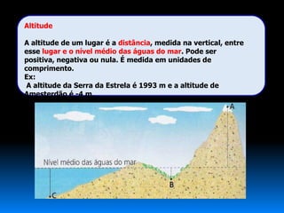 Altitude

A altitude de um lugar é a distância, medida na vertical, entre
esse lugar e o nível médio das águas do mar. Pode ser
positiva, negativa ou nula. É medida em unidades de
comprimento.
Ex:
 A altitude da Serra da Estrela é 1993 m e a altitude de
Amesterdão é -4 m.
 
