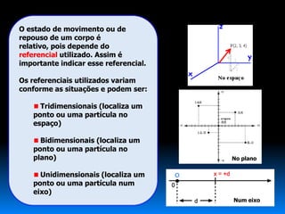 O estado de movimento ou de
repouso de um corpo é
relativo, pois depende do
referencial utilizado. Assim é
importante indicar esse referencial.

Os referenciais utilizados variam
conforme as situações e podem ser:

      Tridimensionais (localiza um
    ponto ou uma partícula no
    espaço)

      Bidimensionais (localiza um
    ponto ou uma partícula no
    plano)                             No plano

      Unidimensionais (localiza um
    ponto ou uma partícula num
    eixo)
                                       Num eixo
 