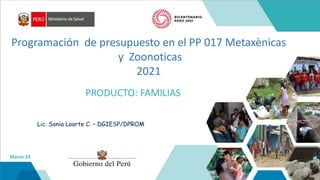 PRODUCTO: FAMILIAS
Programación de presupuesto en el PP 017 Metaxènicas
y Zoonoticas
2021
Marzo 24
Lic. Sonia Loarte C. – DGIESP/DPROM
 