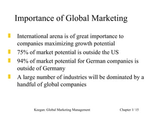 Importance of Global Marketing
„   International arena is of great importance to
    companies maximizing growth potential
„   75% of market potential is outside the US
„   94% of market potential for German companies is
    outside of Germany
„   A large number of industries will be dominated by a
    handful of global companies



          Keegan: Global Marketing Management   Chapter 1/ 15
 
