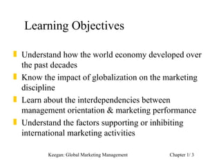 Learning Objectives

„ Understand how the world economy developed over
  the past decades
„ Know the impact of globalization on the marketing
  discipline
„ Learn about the interdependencies between
  management orientation & marketing performance
„ Understand the factors supporting or inhibiting
  international marketing activities

         Keegan: Global Marketing Management   Chapter 1/ 3
 