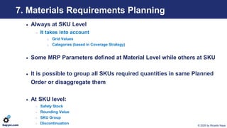 © 2020 by Ricardo NayaSapyst.com
7. Materials Requirements Planning
• Always at SKU Level
− It takes into account
Grid Val...