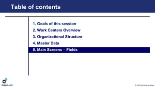 © 2020 by Ricardo NayaSapyst.com
Table of contents
1. Goals of this session
2. Work Centers Overview
3. Organizational Str...