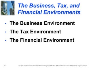 2.3 Van Horne and Wachowicz, Fundamentals of Financial Management, 13th edition. © Pearson Education Limited 2009. Created by Gregory Kuhlemeyer.
The Business, Tax, and
Financial Environments
• The Business Environment
• The Tax Environment
• The Financial Environment
 