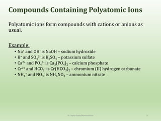 Compounds Containing Polyatomic Ions
Polyatomic ions form compounds with cations or anions as
usual.
Example:
• Na+ and OH- is NaOH – sodium hydroxide
• K+ and SO4
2- is K2SO4 – potassium sulfate
• Ca2+ and PO4
3- is Ca3(PO4)2 – calcium phosphate
• Cr2+ and HCO3
- is Cr(HCO3)2 – chromium (II) hydrogen carbonate
• NH4
+ and NO3
- is NH4NO3 – ammonium nitrate
Dr. Sapna Gupta/Nomenclature 11
 