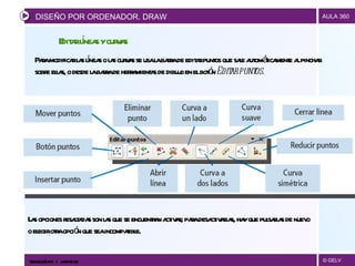Editar líneas y curvas Para modificar las líneas o las curvas se usa la barra de editar puntos que sale automáticamente al pinchar sobre ellas, o desde la barra de herramientas de dibujo en el botón  Editar puntos.   Las opciones resaltadas son las que se encuentran activas; para desactivarlas, hay que pulsarlas de nuevo o elegir otra opción que sea incompatible. DISEÑO POR ORDENADOR. DRAW TECNOLOGÍAS II  |  UNIDAD 03 