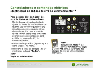 |
128
Controladoras e comandos elétricos
Identificação de códigos de erro no CommandCenterTM
Para acessar o(s) código(s) de
erro de todos os controladores:
1.Mantenha pressionado a tecla de
ajuste do limite de profundidade do
levante (5) e de configurações (4)
simultaneamente enquanto gira a
chave de partida para a posição
ligada (motor desligado). Uma lista
de menus dos controladores será
exibida no mostrador (1) do
CommandCenter.
2.Com o botão giratório (3) destaque o
ícone (Todos) no menu.
3.Pressione a tecla de seleção (2). O
mostrador indicará "Todos".
Nota:
Segue no próximo slide.
Tratores 7J : Diagnóstico – Hidráulica e Elétrica | Setembro, 2011
4 5
1
2 3
Nota:
Consulte TM 802054 e o
Service ADVISORTM na seção
245-05-001 para recuperação dos
códigos de erro de um controlador
individual.
 