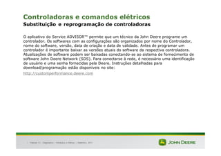 |
Controladoras e comandos elétricos
Substituição e reprogramação de controladoras
O aplicativo do Service ADVISOR™ permite que um técnico da John Deere programe um
controlador. Os softwares com as configurações são organizados por nome do Controlador,
nome do software, versão, data de criação e data de validade. Antes de programar um
controlador é importante baixar as versões atuais do software da respectiva controladora.
Atualizações de software podem ser baixadas conectando-se ao sistema de fornecimento de
software John Deere Network (SDS). Para conectarse à rede, é necessário uma identificação
de usuário e uma senha fornecidas pela Deere. Instruções detalhadas para
download/programação estão disponíveis no site:
http://customperformance.deere.com
Tratores 7J : Diagnóstico – Hidráulica e Elétrica | Setembro, 2011
 