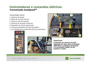 |
Controladoras e comandos elétricos
Transmissão AutoQuadTM
Transmissão 16x16
1. Alavanca de grupos
2. Botão de troca de marchas
3. Tecla de troca de marchas
4. Alavanca de reversão (frente/ré)
5. Mostrador da marcha selecionada
6. Tecla de acionamento da troca automática
7. Luz indicadora de acionamento da troca automática
Tratores 7J : Diagnóstico – Hidráulica e Elétrica | Setembro, 2011
2
3
1
6
4
5
7
Importante:
A alavanca do reversor do lado
esquerdo (4) deve estar na posição
(NEUTRA) e a alavanca de grupos
(1) na posição (PARK) ao dar
partida no motor.
 