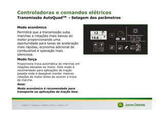 |
Controladoras e comandos elétricos
Transmissão AutoQuadTM - Setagem dos parâmetros
Modo econômico
Permitirá que a transmissão suba
marchas a rotações mais baixas do
motor proporcionando uma
oportunidade para taxas de aceleração
mais rápidas, economia adicional de
combustível e operação mais
silenciosa.
Modo força
Proporciona troca automática de marchas em
rotações elevadas do motor. Este modo é
recomendado para aplicações de tração
pesada onde é desejável manter maiores
rotações do motor antes de ocorrer a troca
de marcha.
Nota:
Modo econômico é recomendado para
transporte ou aplicações de tração leve.
Tratores 7J : Diagnóstico – Hidráulica e Elétrica | Setembro, 2011
 
