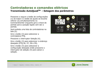 |
Controladoras e comandos elétricos
Transmissão AutoQuadTM - Setagem dos parâmetros
Pressione e segure o botão de configurações
(1) do trator e o botão de ajuste do levante
inferior (2) simultaneamente no
CommandCenter enquanto gira a chave de
partida para a posição ligado sem dar a
partida.
Será exibida uma lista de controladoras na
tela (5).
Gire o botão (3) para selecionar a
controladora PTQ.
Pressione o Interruptor Seleção (4).
Gire o botão (3) para selecionar o endereço
desejado (PTQ 56, 57, 58 e 59).
Gire o botão (3) para selecionar a
configuração desejada então pressione o
interruptor de seleção (4) para salvar a
seleção.
Tratores 7J : Diagnóstico – Hidráulica e Elétrica | Setembro, 2011
1 2
3
4
5
 